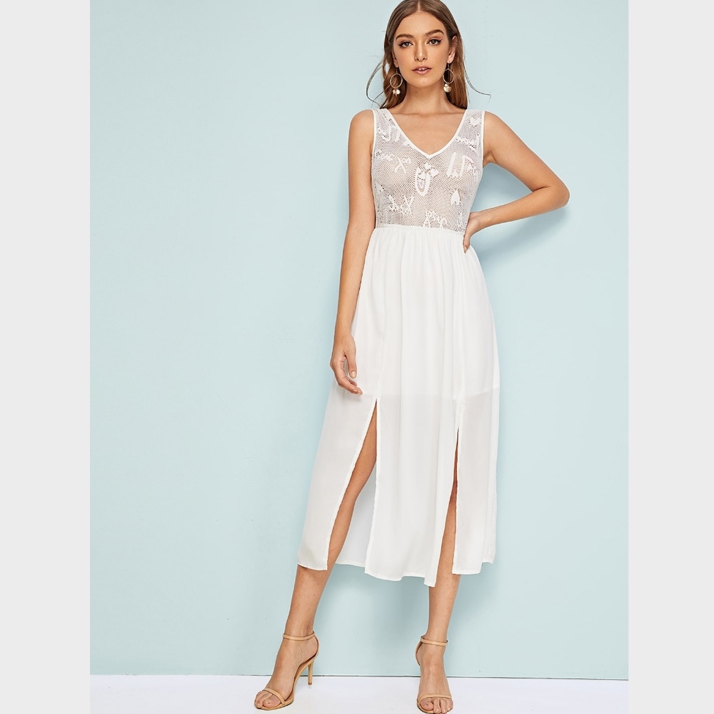 Lace Detail White Midi High Slit Dress - Picture 2 of 8